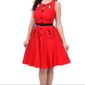 Voodoo Vixen Red Buttoned Rockabilly Midi Dress